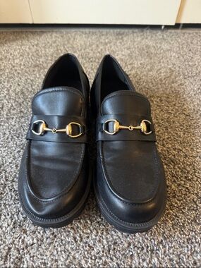 Sincerely Jules Black Leather Loafers with Gold Horsebit